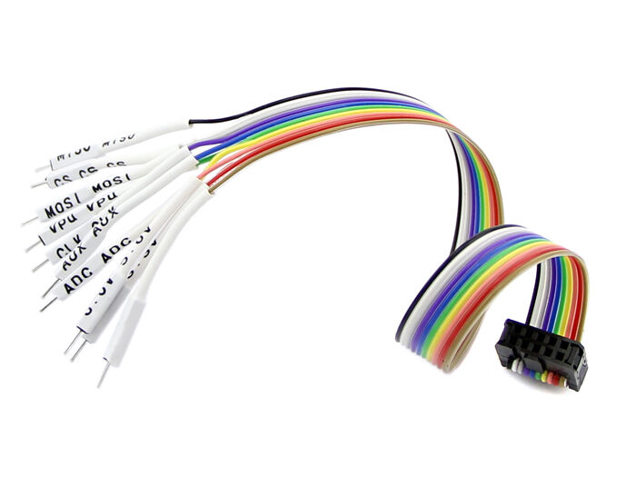 Bus Pirate v3 probe cable with labels and male pins
