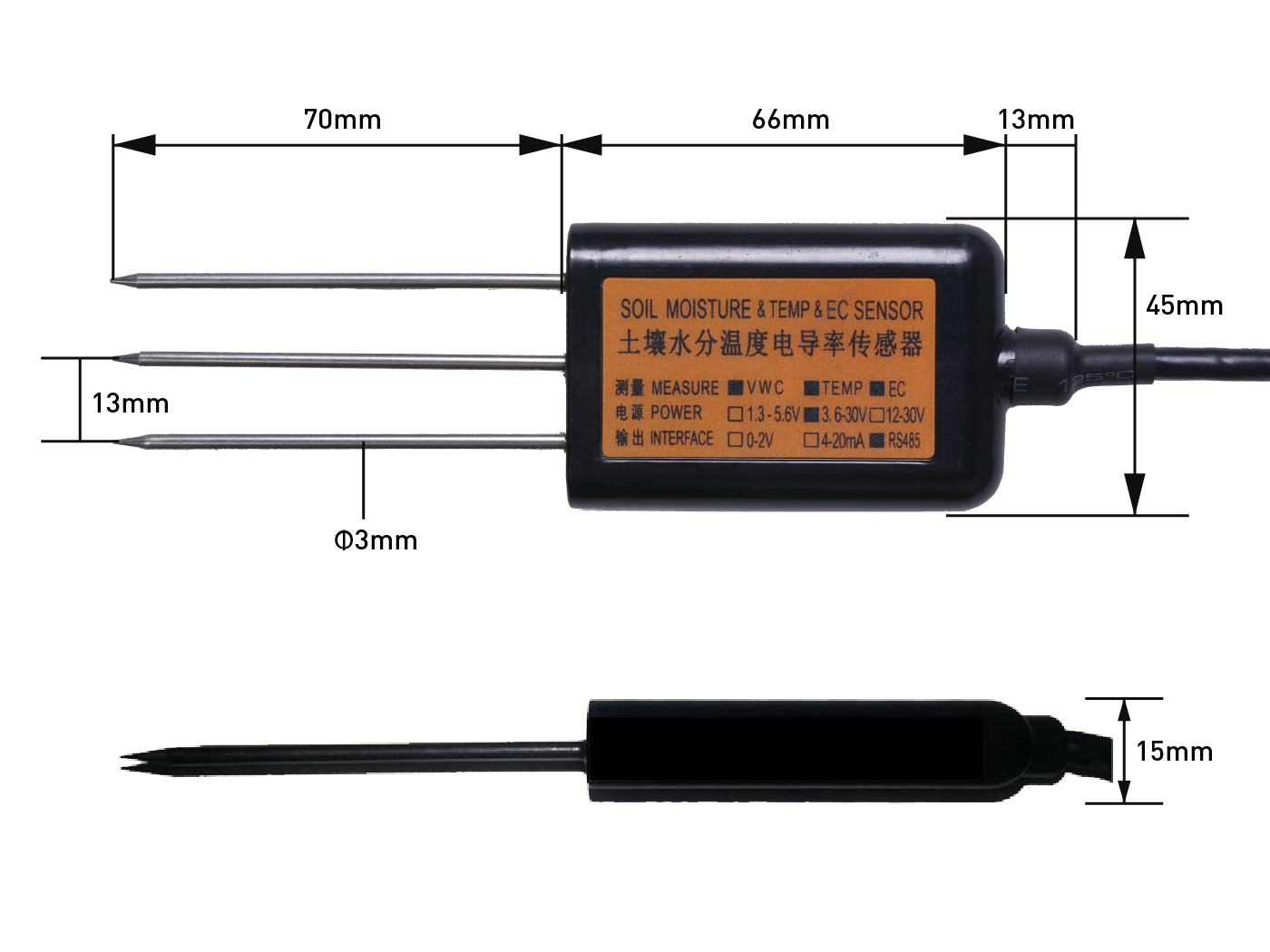 Industrial Soil Moisture & Temperature & EC Sensor MODBUS-RTU RS485 (S-Soil MTEC-02B), with waterproof aviation connector - Image 6