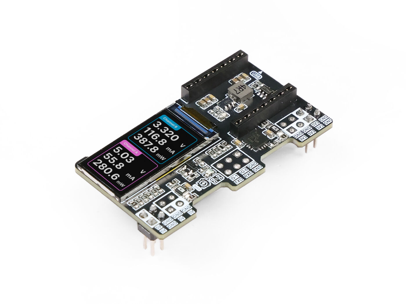 XIAO PowerBread – XIAO geliştirme kartlarıyla uyumlu bir breadboard güç kaynağı ve ölçüm cihazı, 5V ve/veya 3.3V güç hatları için gerçek zamanlı voltaj, akım ve güç tüketimini izlemek üzere renkli bir LCD ekranla donatılmıştır.