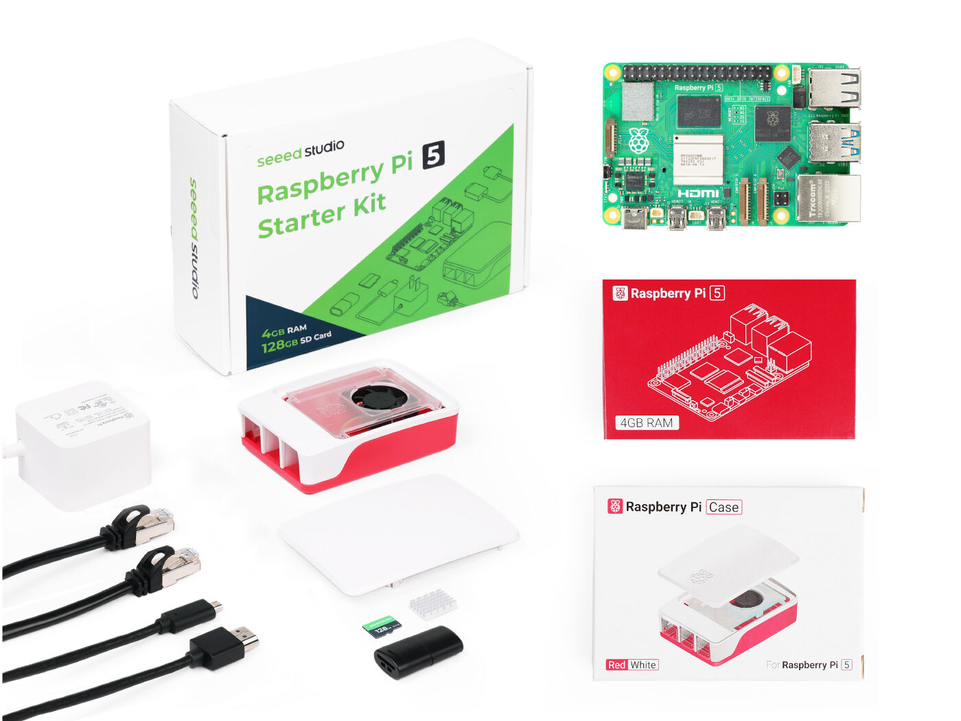 Seeed Studio Raspberry Pi 5 Başlangıç Kiti - 4GB RAM, 64-bit Raspberry Pi OS ile önceden yüklenmiş 128GB Micro SD Kart