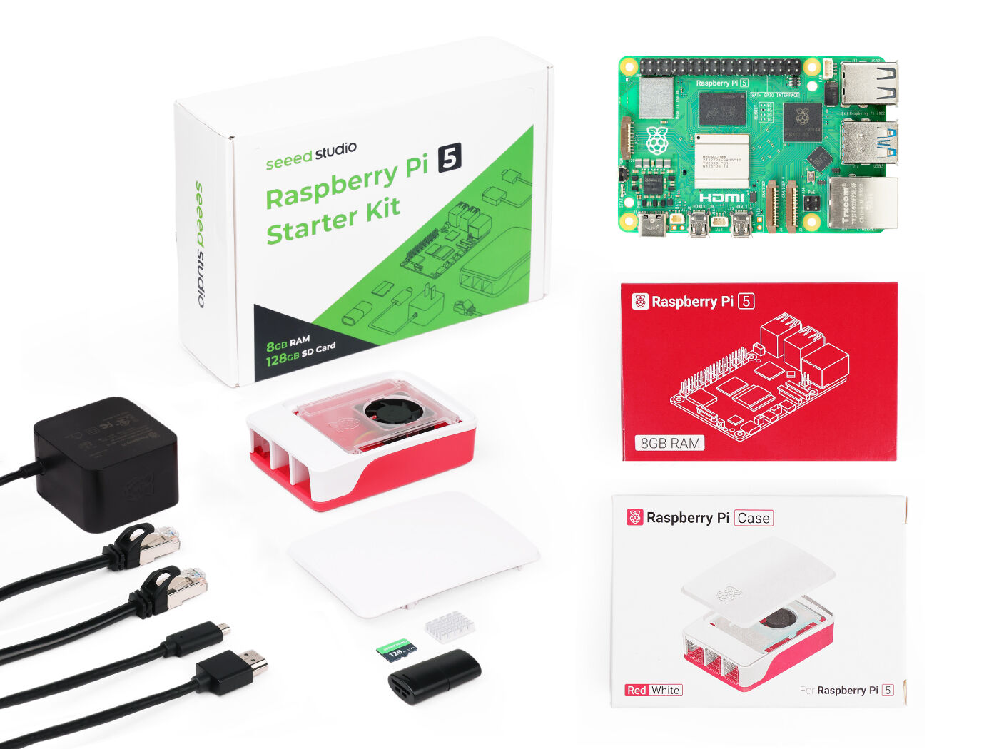 Seeed Studio Raspberry Pi 5 Başlangıç Kiti - 8GB RAM, 64-bit Raspberry Pi OS ile önceden yüklenmiş 128GB Micro SD Kart