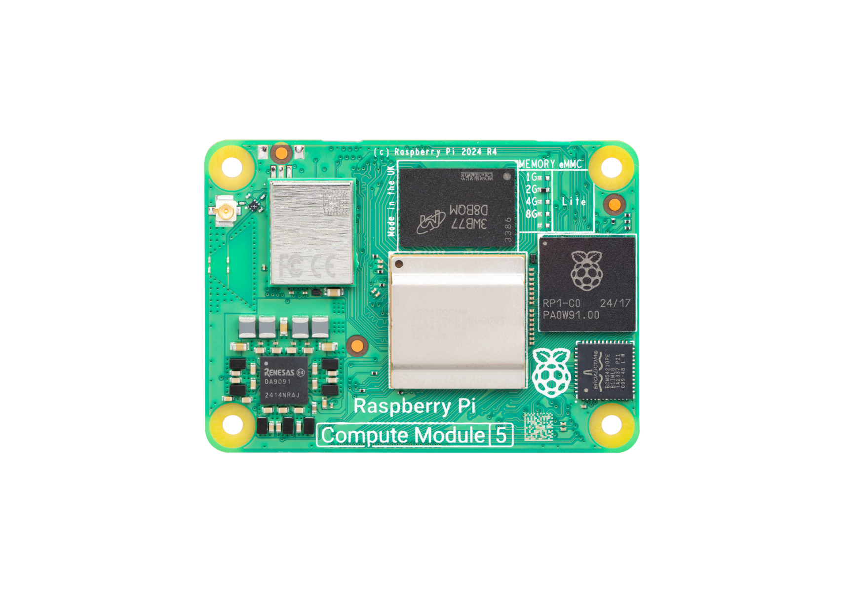 Raspberry Pi Compute Module 5 - 8GB RAM, 16GB eMMC, 2.4/5.0GHz Wi-Fi & Bluetooth 5.0 (CM5108016)