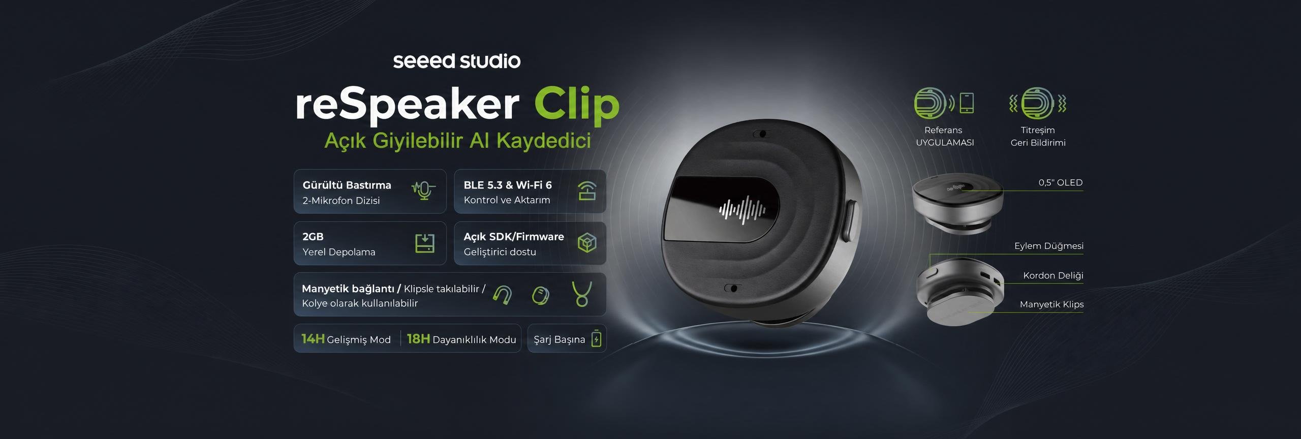 Seeed Studio reSpeaker Clip, 2GB yerel depolama, gürültü bastırma ve 18 saat dayanıklılık sunan açık giyilebilir AI kaydedicidir.