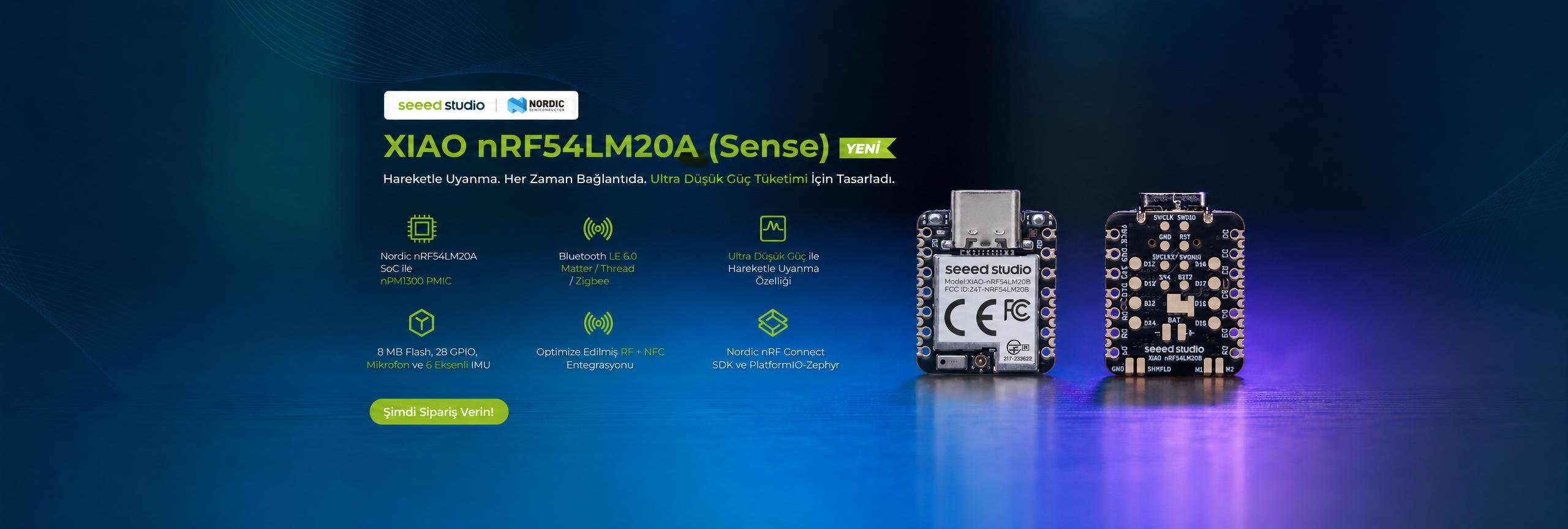 XIAO nRF54LM20A (Sense), ultra düşük güç tüketimiyle her zaman bağlantıda kalmanızı sağlayan hareketle uyanma özelliğine sahip.